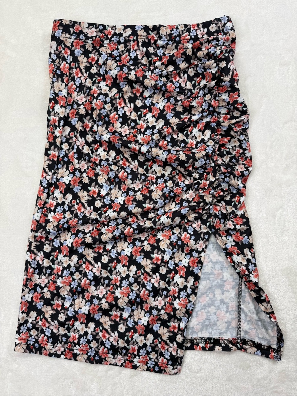 Black Floral Ruched Midi Skirt with Side Slit